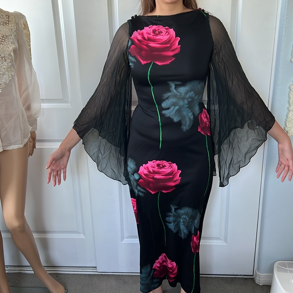 Vtg 90s GOTH black roses 🌹 sheer sleeves back maxi dress S M unlined Halloween